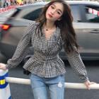 Long-sleeve Plaid Blouse Checked - One Size