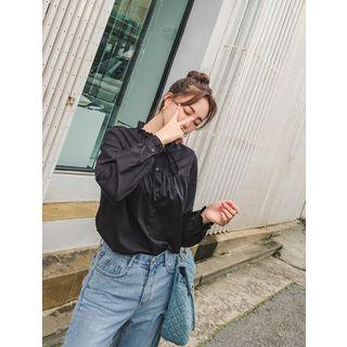 Tie-neck Frill-edge Shirred Blouse