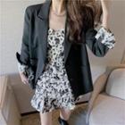 Plain Blazer / Spaghetti Strap Print Ruched Mini Dress