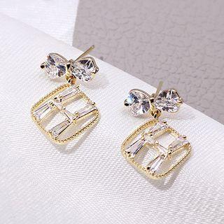 Rhinestone Bow Dangle Earring A158 - 04 - White & Gold - One Size