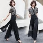 Short Sleeve V-neck Print Panel Mesh Panel Slit Wide-leg Jumpsuit
