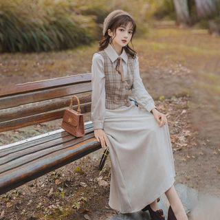 Set: Long-sleeve Tie-neck Midi A-line Dress + Double-breasted Vest