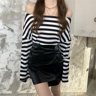 Striped Off-shoulder Long-sleeve Top / Mini Pencil Skirt