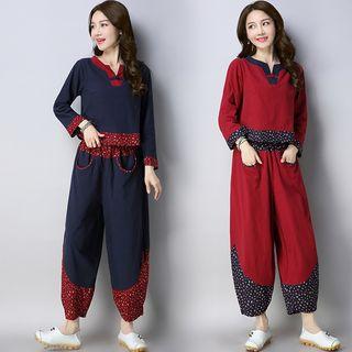 Set: Floral Panel Long-sleeve Top + Harem Pants