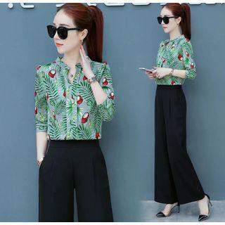 Set: Wide-leg Pants + Elbow-sleeve Printed Shirt
