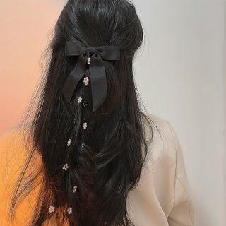 Ribbon Flower Faux Crystal Hair Clip Black - One Size
