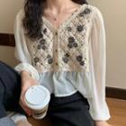 Long-sleeve Floral Embroidered Panel Cropped Blouse