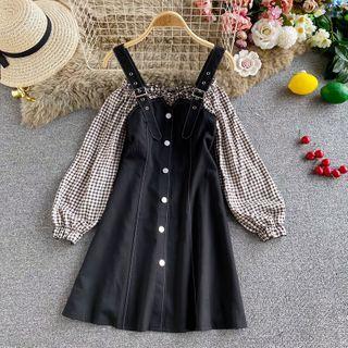Inset Off-shoulder Check Blouse Jumper Dress