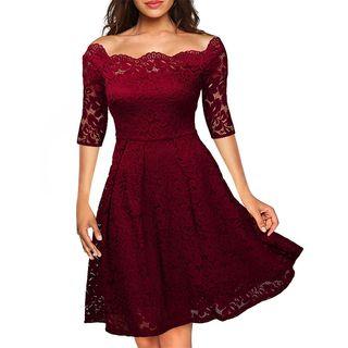 Off Shoulder Elbow Sleeve Lace A-line Dress
