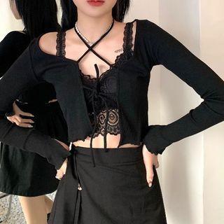 Lace Trim Cropped Camisole Top / Cardigan