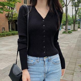 V-neck Plain Skinny Single-breasted Knitted Top