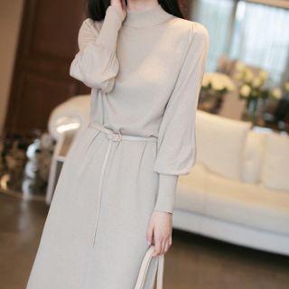 Puff-sleeve Mock-neck Knit A-line Dress