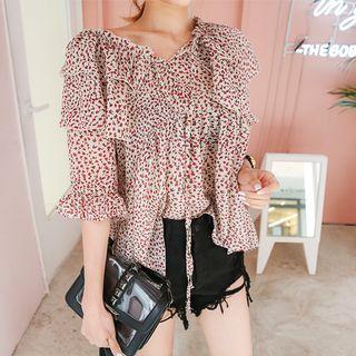 Ruffled Capelet Tie-neck Pattern Top
