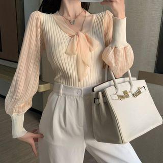Lantern-sleeve Ribbon Tie-neck Knit Top