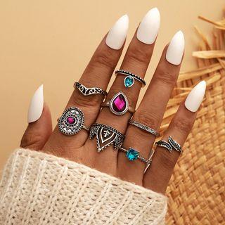 Set Of 8: Gemstone Ring Set Of 8 - 15146 - Fuchsia & Cyan Faux Gemstone - Silver - One Size