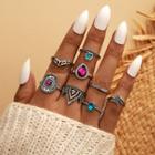 Set Of 8: Gemstone Ring Set Of 8 - 15146 - Fuchsia & Cyan Faux Gemstone - Silver - One Size