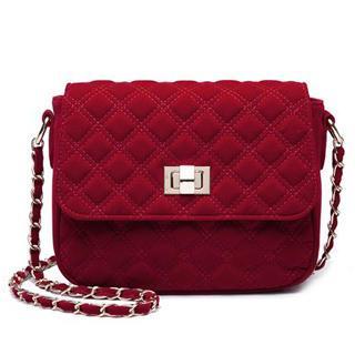 Quilted Velvet Chain-strap Shoulder Bag Red - One Size