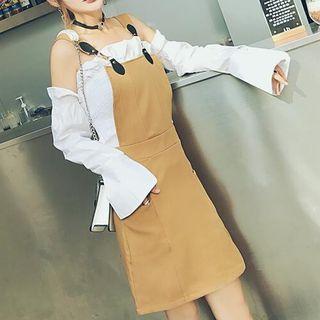 Set: Off-shoulder Long-sleeve Blouse + Pinafore Dress