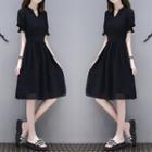 Short Sleeve V Neck Tie-waist Plain Dress
