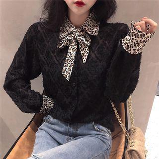 Leopard Long-sleeve Lace Blouse White - One Size