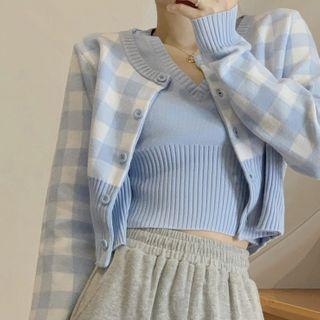 Plaid Cardigan / Sleeveless Knit Top / Wide-leg Pants