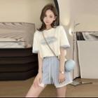 Set: Short Sleeve Contrast Trim Lettering T-shirt + Asymmetrical Sport Shorts