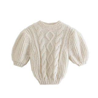 Lantern-sleeve Cable-knit Cropped Top