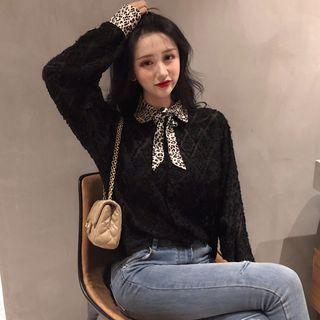 Leopard Print Panel Bow Accent Blouse