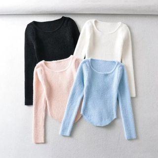Long Sleeve Furry Ribbed-knit Round-hem Sweater