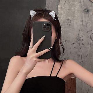 Cat Ear Rhinestone Hair Clip 1 Pair - Silver - One Size