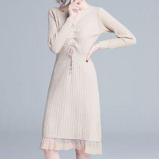 Long-sleeve Drawstring Lace Panel Midi Knit Dress