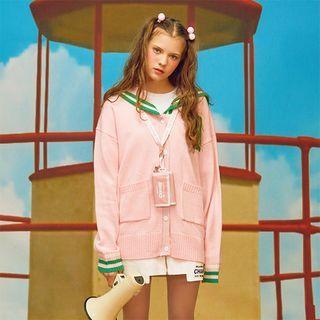 Sailor-collar Contrast-trim Cardigan Pink - One Size