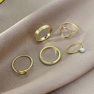 Set Of 5: Faux Pearl / Alloy Ring (assorted Designs) Set Of 5 - As Shown In Figure - One Size