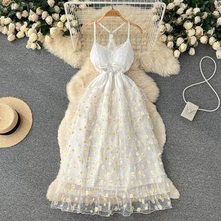 Spaghetti-strap Floral Mesh Midi A-line Dress