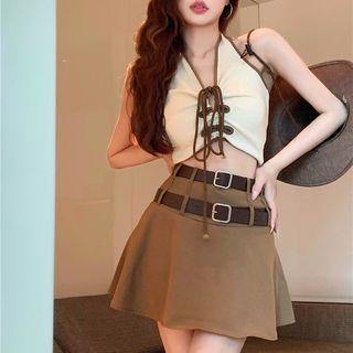 Halter Tie-front Camisole Top / Mini A-line Skirt