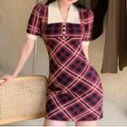 Short-sleeve Plaid Knit Dress Red - One Size