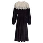 Long-sleeve Mock Two-piece Lace Panel Velvet Dress Black - One Size
