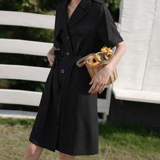 Notch Lapel Elbow-sleeve Midi A-line Dress