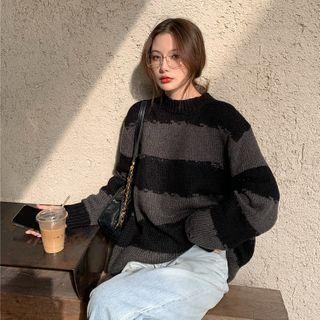 Mock-neck Striped Loose-fit Sweater Stripe - Gray - One Size