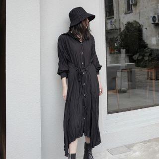 Long-sleeve Plain Ruched Tie-strap Shirtdress