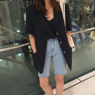 Plain Single-breasted Elbow-sleeve Blazer Black - One Size