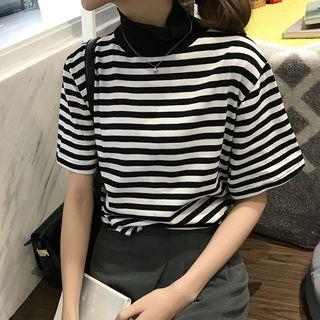 Striped High-neck Short-sleeve T-shirt