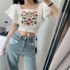 Embroidered Short-sleeve Cropped Blouse White - One Size