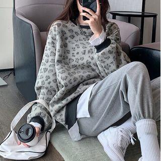 Leopard-print Mock Two-piece Loose Pullover