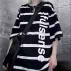 Elbow-sleeve Striped Letter Print T-shirt