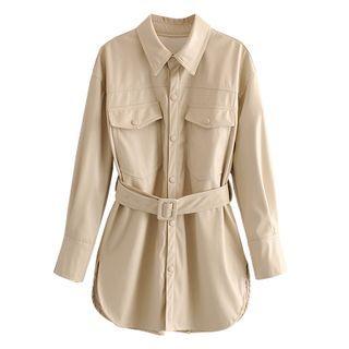Long-sleeve Belted Faux Leather Shirt
