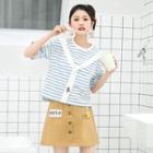 Embroidered Tie Front Striped Elbow Sleeve T-shirt
