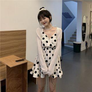 Spaghetti Strap Dotted Mini A-line Dress / Cropped Cardigan