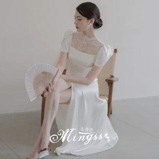 Short-sleeve Faux Pearl Lace Panel A-line Wedding Gown