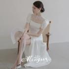 Short-sleeve Faux Pearl Lace Panel A-line Wedding Gown